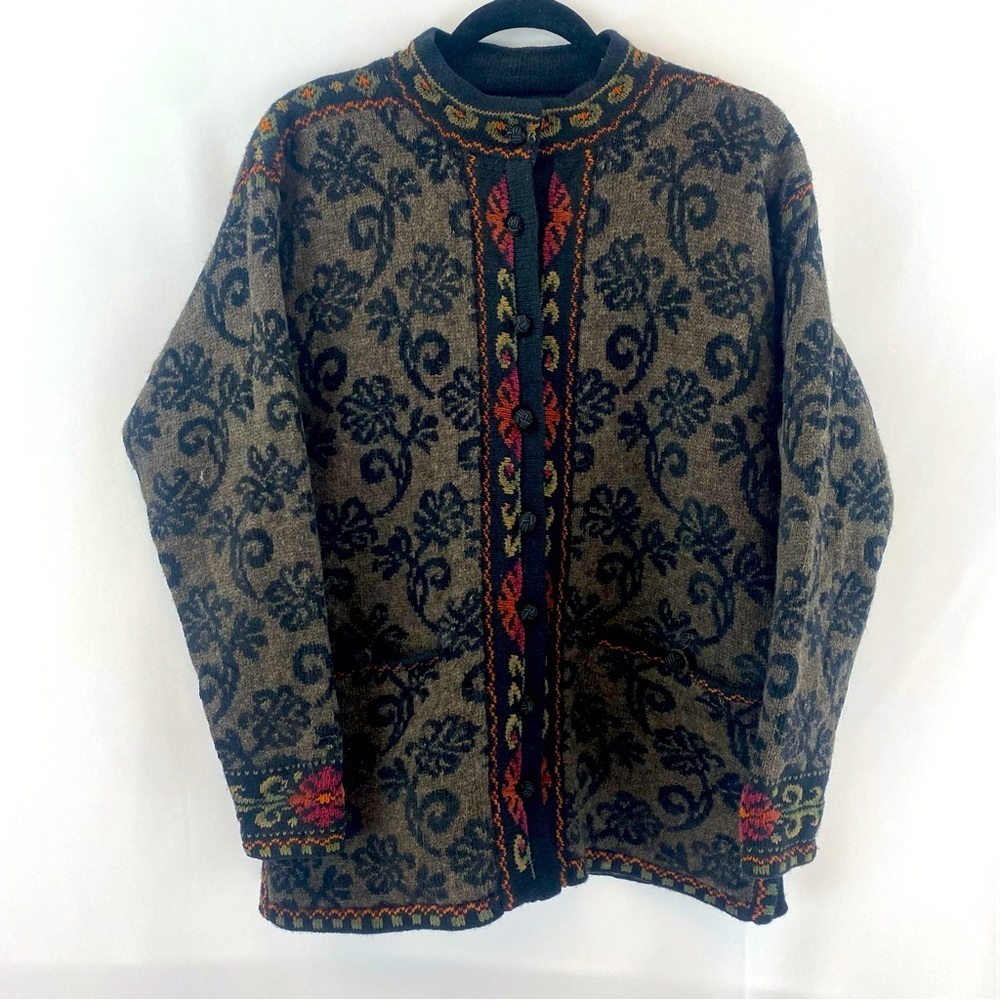 Icelandic Design Wool Cotton Lined Sweater Jacket Sz M Folklore Floral‎ Filigree